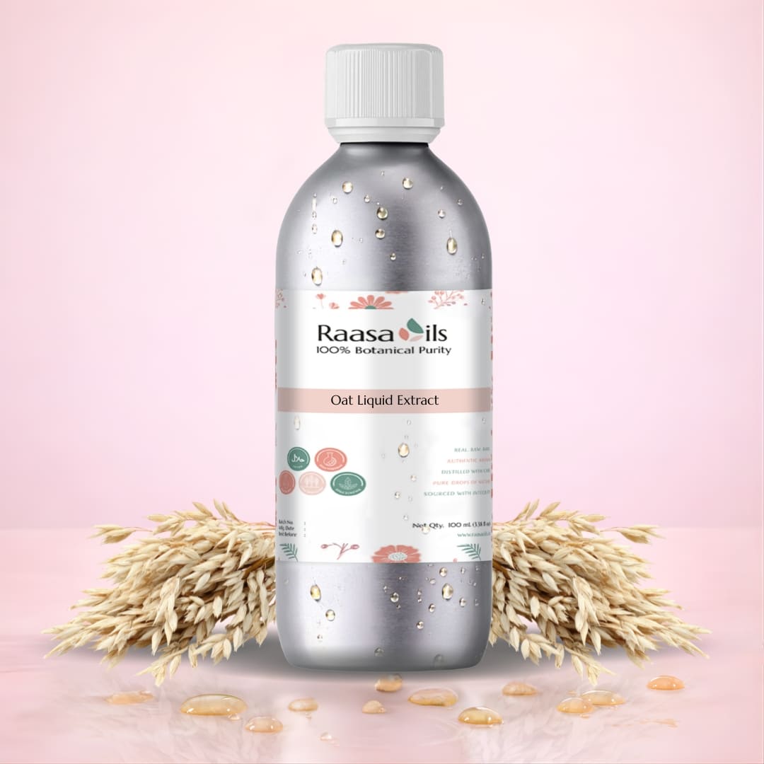 Bottle of Raasa Oils Oat Liquid Extract with oats on a pink background