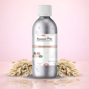 Bottle of Raasa Oils Oat Liquid Extract with oats on a pink background