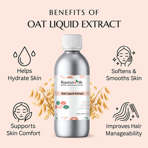A silver bottle of Raasa Oils 100% Natural Pure Oat Liquid Extract centered on a pale peach background, surrounded by text callouts about skin and hair benefits and illustrated oat graphics.
