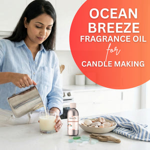 Woman pouring liquid into a glass with 'Ocean Breeze Fragrance Oil' text overlay