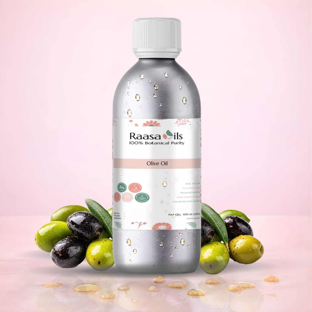 Bottle of Raasa Oils olive oil with olives on a pink background