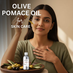Woman applying olive pomace oil to her face with a dropper, surrounded by olives and a bottle of olive pomace oil.