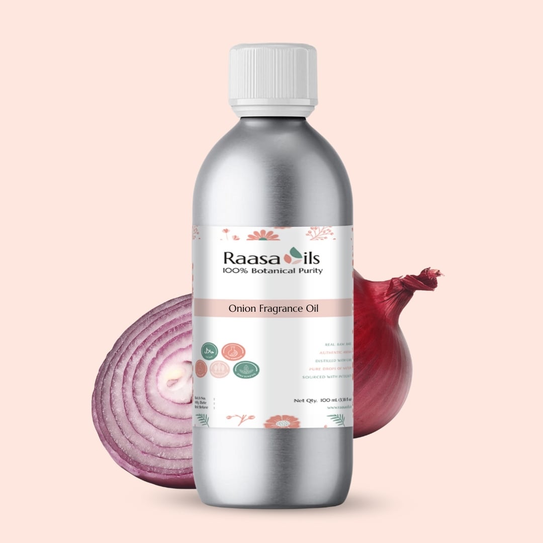 Bottle of Raasa Oils Onion Fragrance Oil with an onion on a light pink background