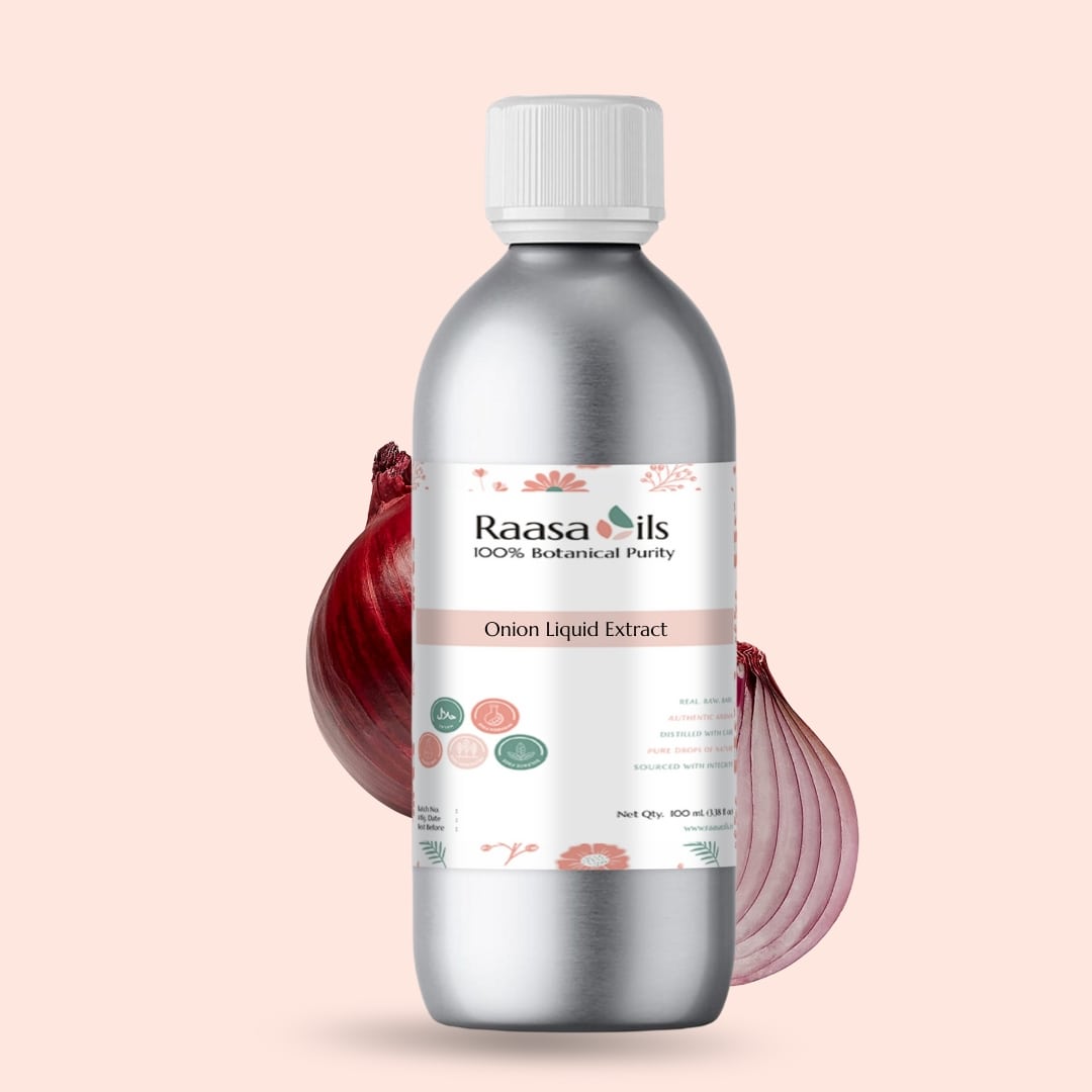 Bottle of Raasa Oils Onion Liquid Extract with an onion on a beige background