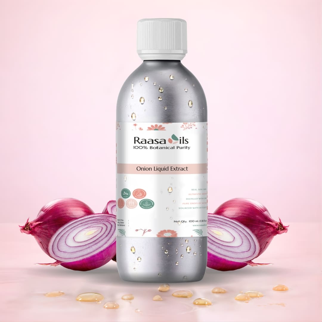 Bottle of Raasa Oils Onion Liquid Extract with onions and capsules on a pink background