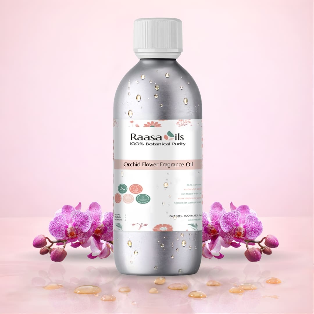 Bottle of Raasa Oils Orchid Flower Fragrance Oil with orchids on a pink background