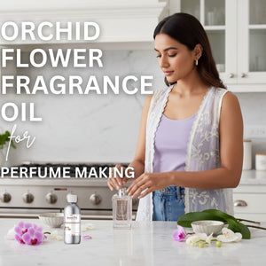 Woman preparing to use orchid flower fragrance oil for perfume making in a kitchen setting.