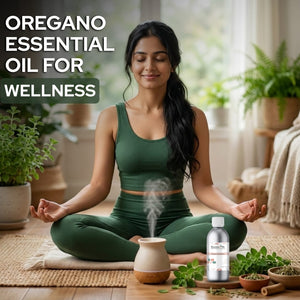 Woman meditating with oregano essential oil and plants in a peaceful setting