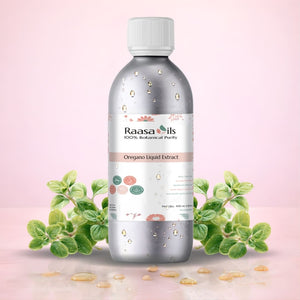 Bottle of Raasa Oils Oregano Liquid Extract with oregano leaves on a pink background