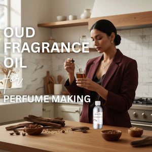 Woman in a kitchen preparing oud fragrance oil for perfume making