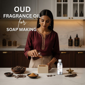 Woman in a kitchen preparing soap with oud fragrance oil, surrounded by ingredients and tools.