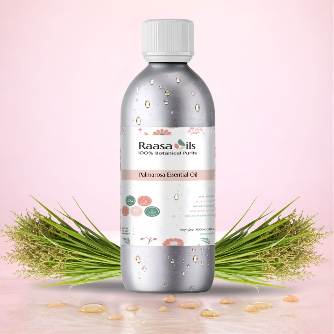Raasa Oils bottle with a pink background and green leaves
