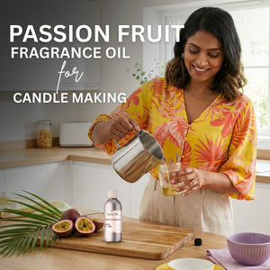 Woman pouring passion fruit fragrance oil into a jar with text about passion fruit fragrance oil for candle making.