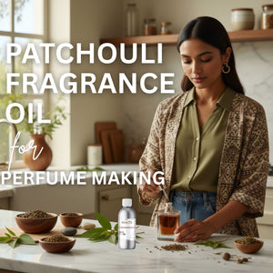 Woman in a kitchen preparing patchouli fragrance oil with text overlay.