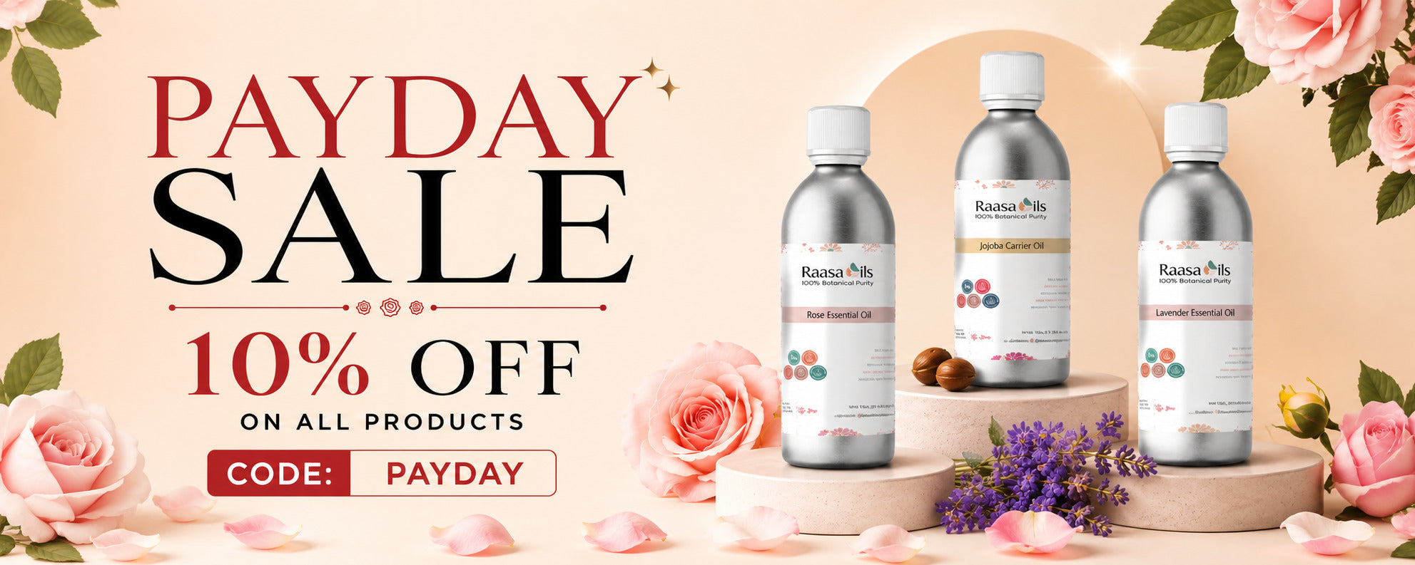 Promotional banner for a 'PAYDAY SALE' offering 10% off all products, featuring three silver bottles of Rango Botanicals essential oils on a wooden pedestal with pink roses and lavender.
