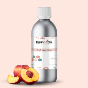 Bottle of Raasa Oils Peach Liquid Extract with a peach on a beige background