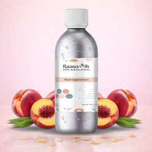 Raasa Oils Peach Liquid Extract bottle with peaches on a pink background