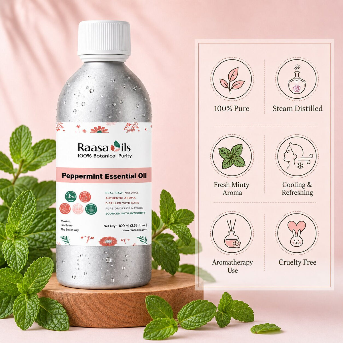 A bottle of Raasa Oils Peppermint Essential Oil stands on a wooden tray with mint leaves around it against a soft pink background. A product information panel with icons and text appears on the right side of the image.