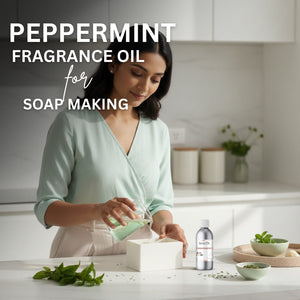 Woman in a kitchen preparing ingredients for soap making with peppermint fragrance oil.