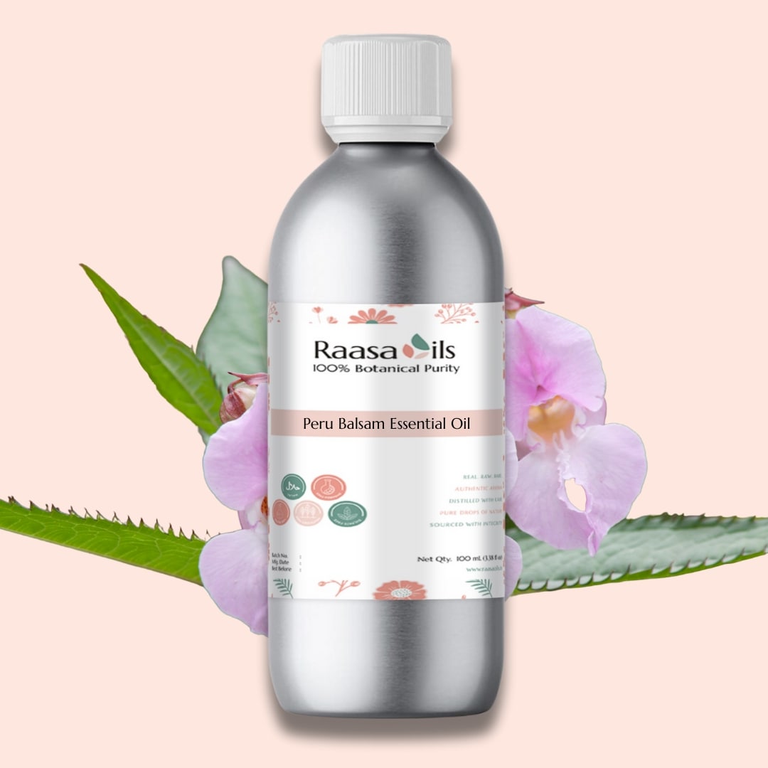Raasa Oils Peru Balsam essential oil bottle with flowers and leaves on a pink background