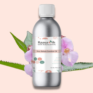 Raasa Oils Peru Balsam essential oil bottle with flowers and leaves on a pink background