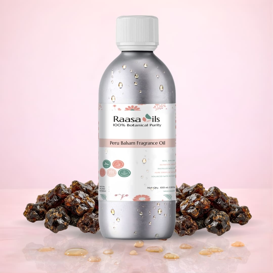 Bottle of Raasa Oils Peru Balsam Fragrance Oil with dried balsam berries on a pink background