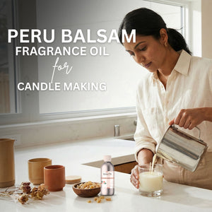 Woman pouring liquid into a glass with text about Peru Balsam fragrance oil for candle making.