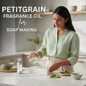 Woman in a kitchen preparing ingredients for soap making with text about petitgrain fragrance oil.
