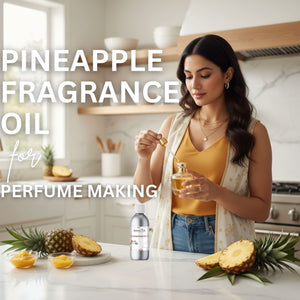 Woman in a kitchen holding a bottle of pineapple fragrance oil with text overlay.