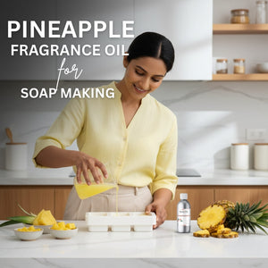 Woman making soap with pineapple fragrance oil in a kitchen setting