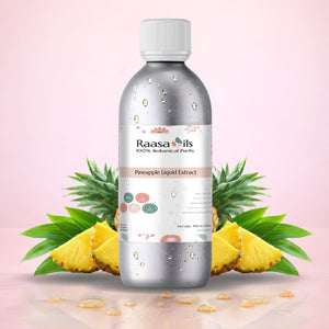 Bottle of Raasa Oils Pineapple Liquid Extract with pineapple slices and leaves on a pink background