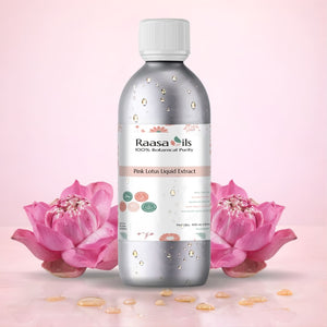 Bottle of Raasa Oils Peck Lotus Liquid Extract with pink lotus flowers on a light pink background
