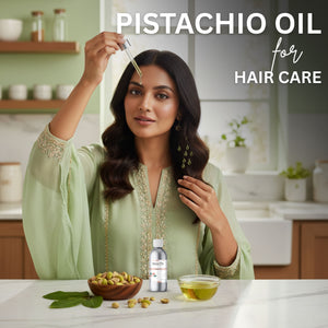 Woman with styled hair holding a dropper over a bowl of pistachios and oil, with text 'Pistachio Oil for Hair Care' in a kitchen setting.