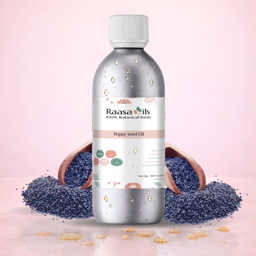 Bottle of Raasa Oils Poppy Seed Oil with poppy seeds on a pink background