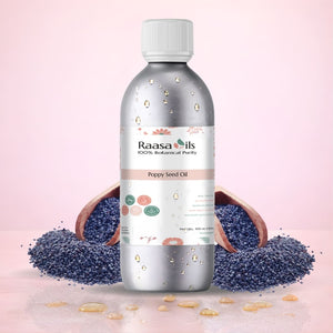 Bottle of Raasa Oils Poppy Seed Oil with poppy seeds on a pink background
