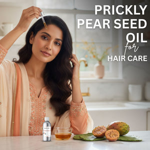 Woman with long hair using Prickly Pear Seed Oil for hair care, with ingredients on a table.