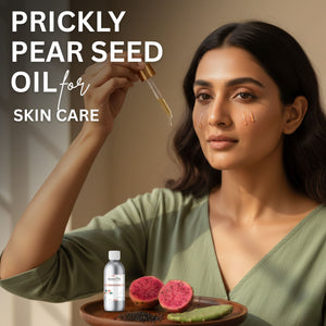 Woman holding a dropper with prickly pear seed oil and a bottle of the product, with text about its use for skin care.