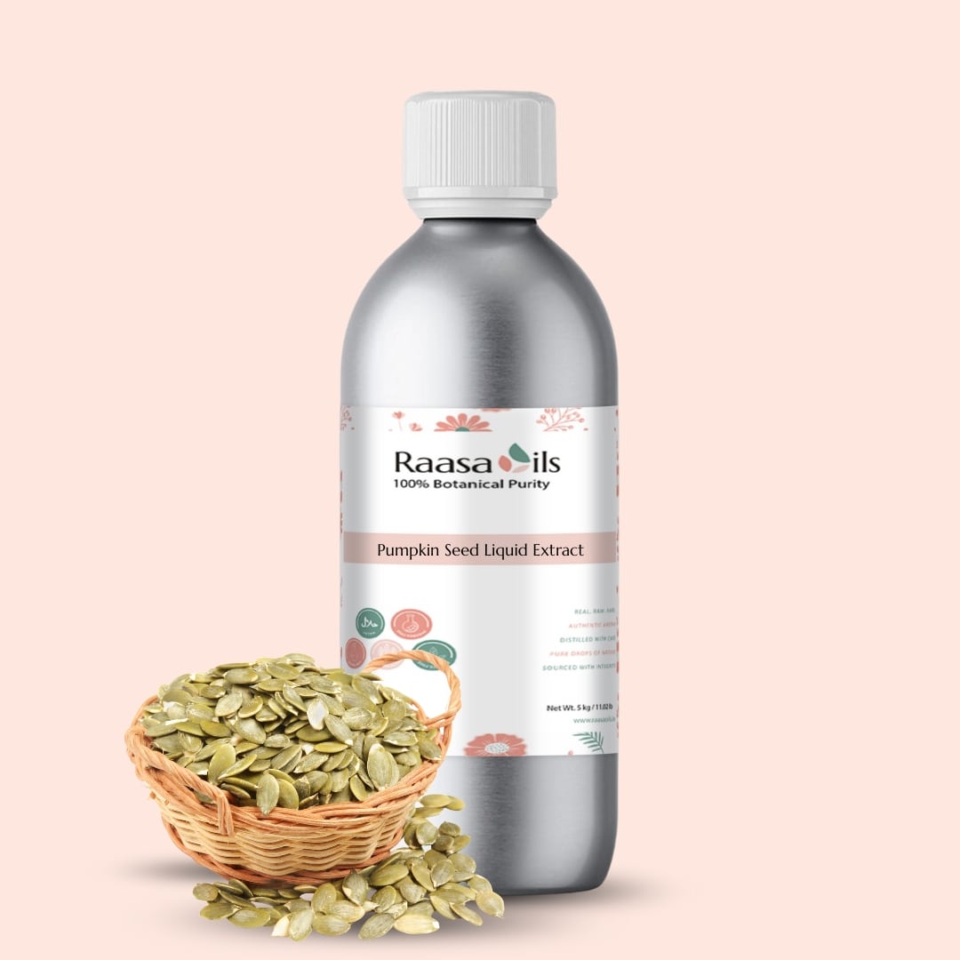 Bottle of Raasa Oils Pumpkin Seed Liquid Extract with pumpkin seeds on a beige background
