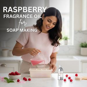 Woman pouring raspberry fragrance oil into a soap-making container with text 'Raspberry Fragrance Oil for Soap Making'.