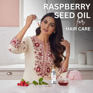 Woman holding raspberry seed oil with text about its use for hair care in a kitchen setting.