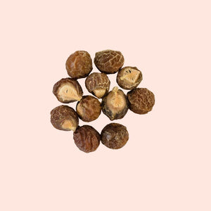 Collection of brown dried fruits or seeds on a pink background