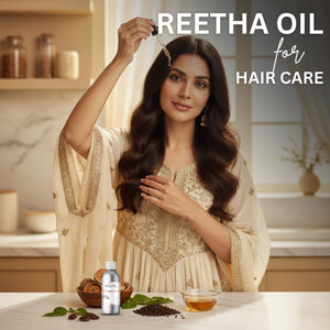 Woman with long, wavy hair holding a hairbrush, with Reetha Oil for hair care products on a table.