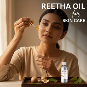 Woman applying Reetha oil to her face with a dropper, surrounded by Reetha fruits and a bottle of Reetha oil.