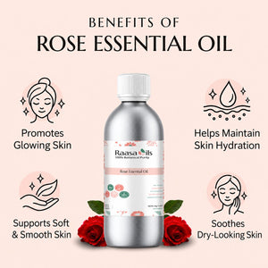 A bottle of Raasa Oils Rose Essential Oil centered on a pale pink background, surrounded by text and icons about skin benefits, with red roses at the base of the bottle.