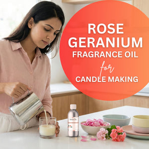 Woman making candles with rose geranium fragrance oil, surrounded by ingredients and tools.