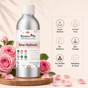 A bottle of Raasa Nils Rose Hydrosol shown on a wooden tray with pink roses and petals, next to a feature icon panel on a beige background.