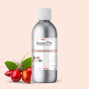 Bottle of Raasa Oils Rosehip Liquid Extract with rosehips on a beige background