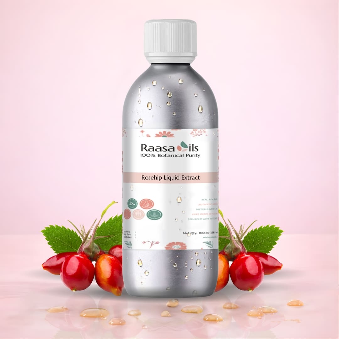 Bottle of Raasa Oils Rosehip Liquid Extract with rosehips on a pink background