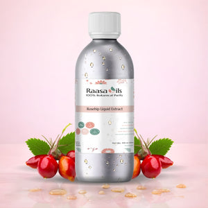 Bottle of Raasa Oils Rosehip Liquid Extract with rosehips on a pink background