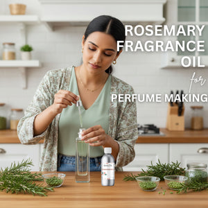 Woman making rosemary fragrance oil in a kitchen setting with text overlay.